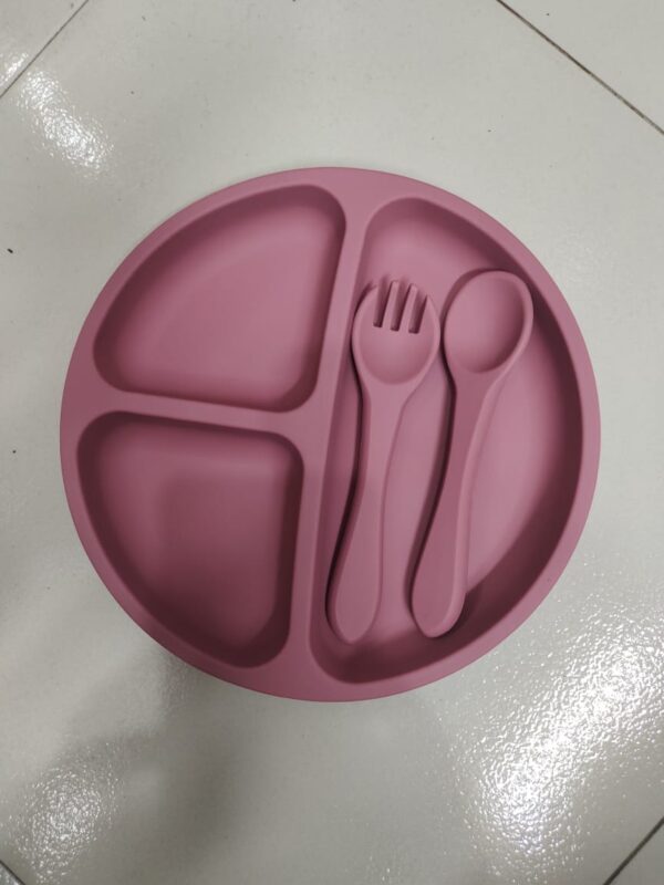 Children's silicone bowl with handle fork and spoon three-piece set baby food bowl anti-fall suction cup bowl baby tableware set (Any Color)