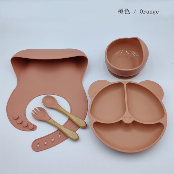 Silicon Toddler Kids Baby Feeding 5-piece set (bib + dinner plate + snail bowl + wooden handle spoon and fork) (Any Color) - Image 4