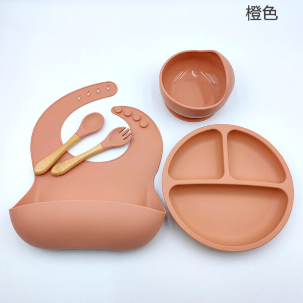 Silicon Toddler Kids Baby Feeding 5-piece set (bib + dinner plate + snail bowl + wooden handle spoon and fork) (Any Color) - Image 17