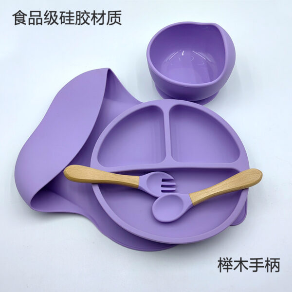 Silicon Toddler Kids Baby Feeding 5-piece set (bib + dinner plate + snail bowl + wooden handle spoon and fork) (Any Color) - Image 19