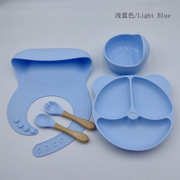 Silicon Toddler Kids Baby Feeding 5-piece set (bib + dinner plate + snail bowl + wooden handle spoon and fork) (Any Color) - Image 5