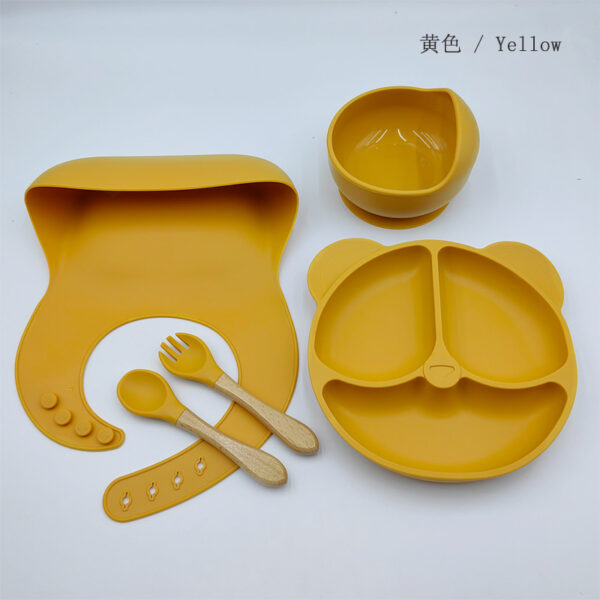 Silicon Toddler Kids Baby Feeding 5-piece set (bib + dinner plate + snail bowl + wooden handle spoon and fork) (Any Color) - Image 6