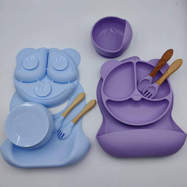 Silicon Toddler Kids Baby Feeding 5-piece set (bib + dinner plate + snail bowl + wooden handle spoon and fork) (Any Color) - Image 8