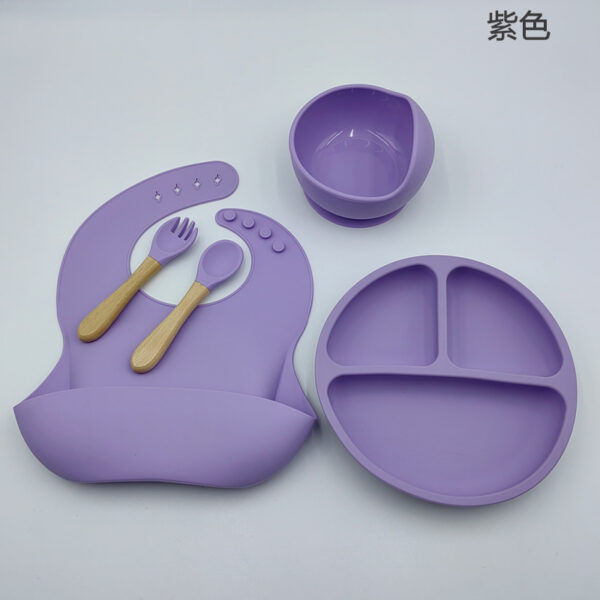 Silicon Toddler Kids Baby Feeding 5-piece set (bib + dinner plate + snail bowl + wooden handle spoon and fork) (Any Color) - Image 10