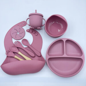 Silicon Toddler Kids Baby Feeding 8-piece set (bib + dinner plate + snail bowl + straw cup + wooden handle spoon and fork + silicone spoon and fork) (Any Color)
