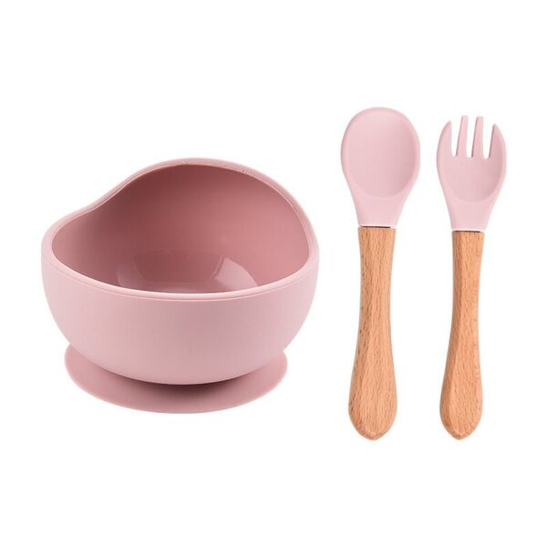 Children's silicone bowl with wooden handle fork and spoon three-piece set baby food bowl anti-fall suction cup bowl baby tableware set (Any Color) - Image 14