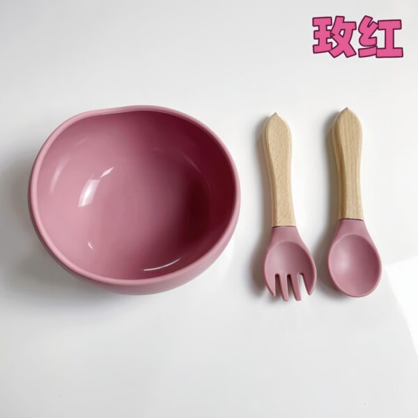 Children's silicone bowl with wooden handle fork and spoon three-piece set baby food bowl anti-fall suction cup bowl baby tableware set (Any Color) - Image 7