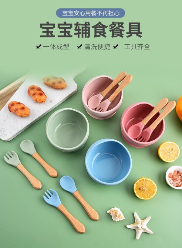 Children's silicone bowl with wooden handle fork and spoon three-piece set baby food bowl anti-fall suction cup bowl baby tableware set (Any Color) - Image 18