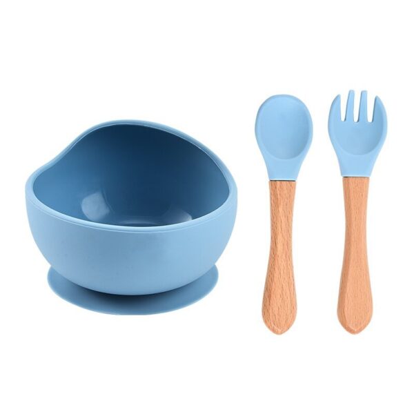 Children's silicone bowl with wooden handle fork and spoon three-piece set baby food bowl anti-fall suction cup bowl baby tableware set (Any Color) - Image 12