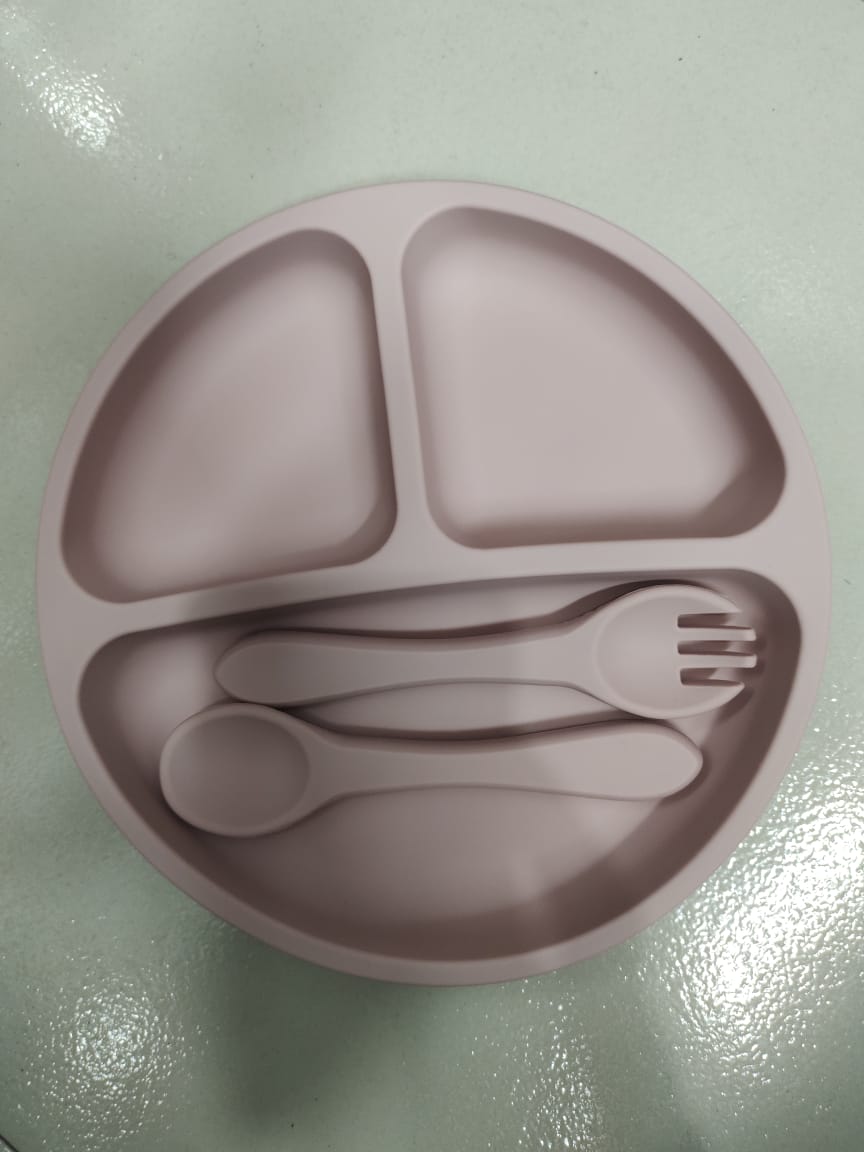 Children's silicone bowl with handle fork and spoon three-piece set baby food bowl anti-fall suction cup bowl baby tableware set (Any Color) - Image 9