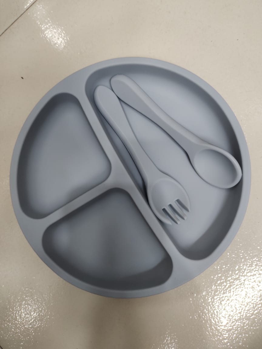 Children's silicone bowl with handle fork and spoon three-piece set baby food bowl anti-fall suction cup bowl baby tableware set (Any Color) - Image 11