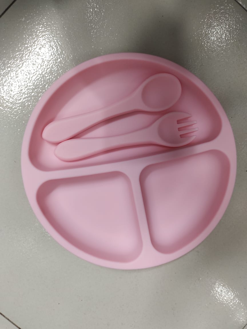 Children's silicone bowl with handle fork and spoon three-piece set baby food bowl anti-fall suction cup bowl baby tableware set (Any Color) - Image 12