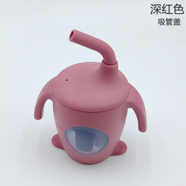 Silicone water cup with scale penguin Straw cup baby visual learning to drink milk cup (Any Color) - Image 17