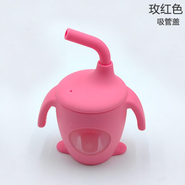 Silicone water cup with scale penguin Straw cup baby visual learning to drink milk cup (Any Color)