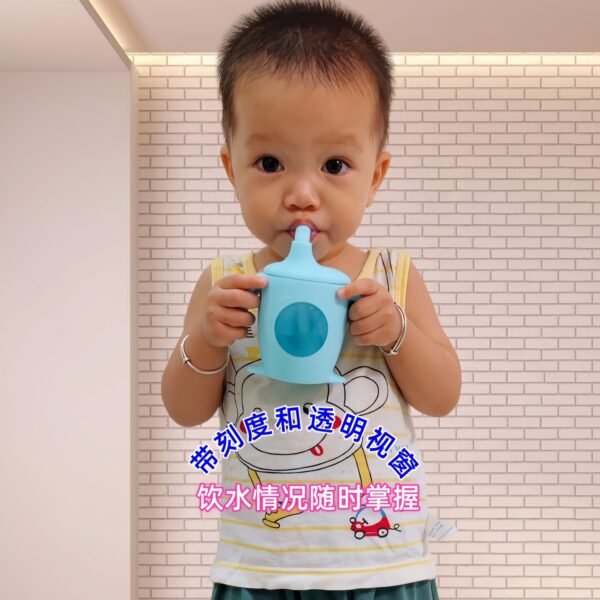 Silicone water cup with scale penguin Straw cup baby visual learning to drink milk cup (Any Color) - Image 7