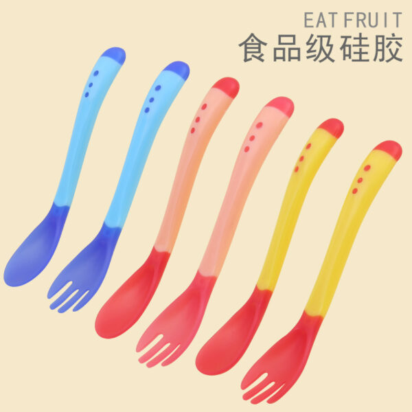1pair Silicone+P.P baby soft head Frok spoon children to eat spoon supplementary food bowl spoon (Any Color)