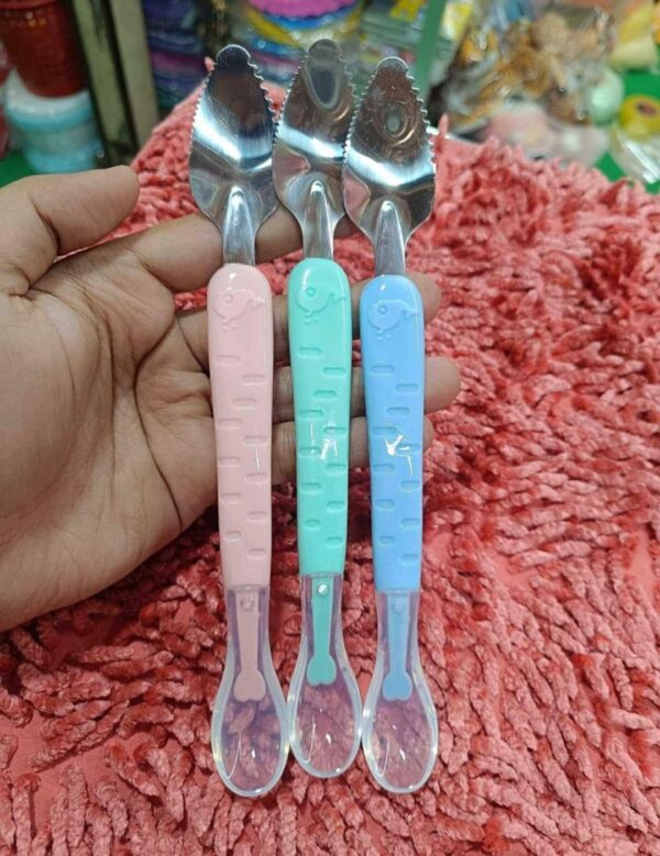 Baby silicon spoon fruit mud double head scrape mud spoon 304 stainless steel digging spoon -1pcs (With Box)  (Any Color) - Image 19