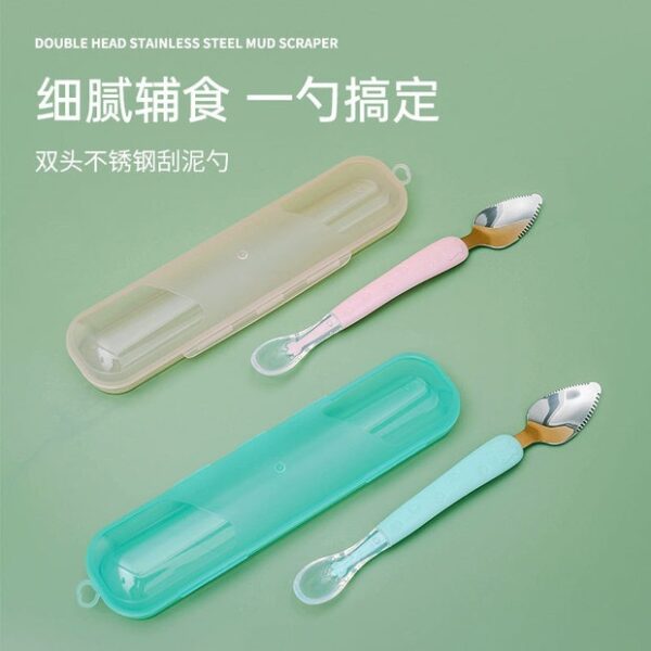 Baby silicon spoon fruit mud double head scrape mud spoon 304 stainless steel digging spoon -1pcs (With Box)  (Any Color)