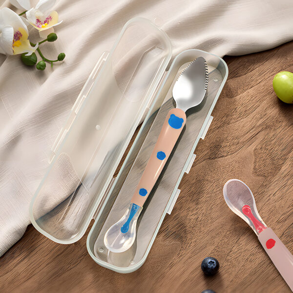Baby silicon spoon fruit mud double head scrape mud spoon 304 stainless steel digging spoon -1pcs (With Box)  (Any Color) - Image 5