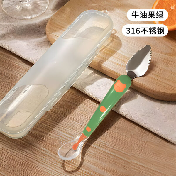 Baby silicon spoon fruit mud double head scrape mud spoon 304 stainless steel digging spoon -1pcs (With Box)  (Any Color) - Image 6