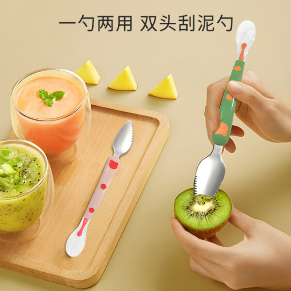 Baby silicon spoon fruit mud double head scrape mud spoon 304 stainless steel digging spoon -1pcs (With Box)  (Any Color) - Image 7