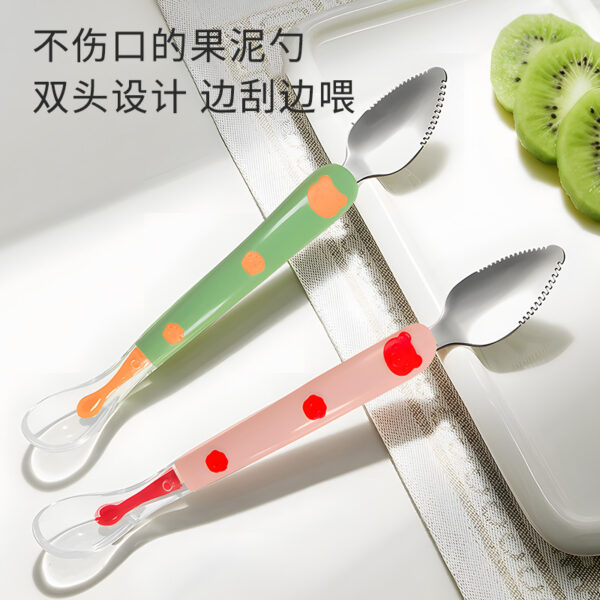 Baby silicon spoon fruit mud double head scrape mud spoon 304 stainless steel digging spoon -1pcs (With Box)  (Any Color) - Image 8