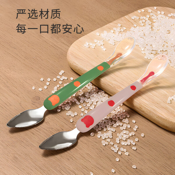 Baby silicon spoon fruit mud double head scrape mud spoon 304 stainless steel digging spoon -1pcs (With Box)  (Any Color) - Image 9