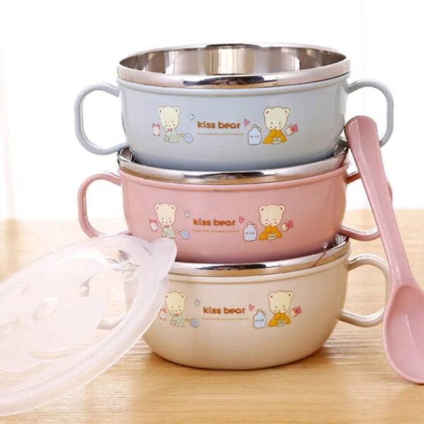 Baby Feeding Bowl with Lids Stainless Steel double-layered Insulated Bowl Spoon Set Children Tableware -1pcs (Any Color) - Image 13