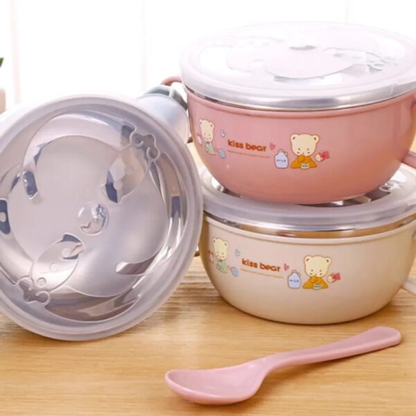 Baby Feeding Bowl with Lids Stainless Steel double-layered Insulated Bowl Spoon Set Children Tableware -1pcs (Any Color) - Image 11