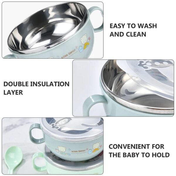 Baby Feeding Bowl with Lids Stainless Steel double-layered Insulated Bowl Spoon Set Children Tableware -1pcs (Any Color) - Image 9