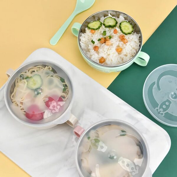 Baby Feeding Bowl with Lids Stainless Steel double-layered Insulated Bowl Spoon Set Children Tableware -1pcs (Any Color) - Image 7