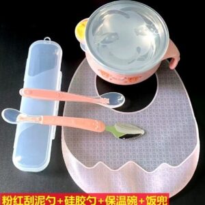 Baby food bowl+Two head spoon+Slicone Spoon+Full Silicone Bib, full set of tools Package (No Box) (Any Color)