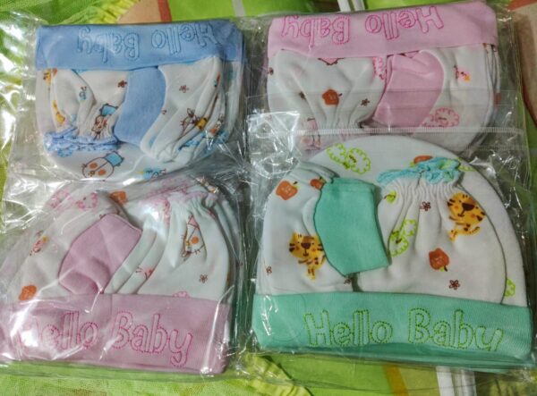 New Born Baby 3 in1 set (1 Cap + 2 Hand socks + 2 Leg Socks) -1pac  (Any Color) - Image 14