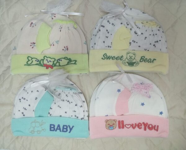 New Born Baby 3 in1 set (1 Cap + 2 Hand socks + 2 Leg Socks) -1pac  (Any Color) - Image 4