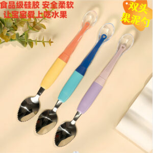 Baby silicon spoon fruit mud artifact baby supplementary food spoon baby double head scrape mud spoon -1pcs  (Any Color)