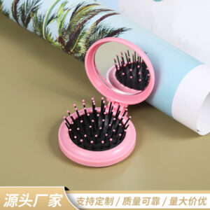 Round foldable mirror comb airbag comb gift comb hairdressing small plastic comb portable travel -1pcs  (Any Color)