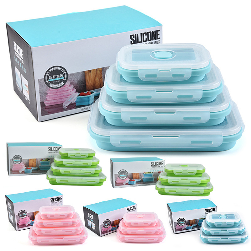 Silicone foldable lunch box air tight picnic box fresh-keeping box 4-piece set (350+500+800+1200ml) Quality grade Qualified products (Any Color)